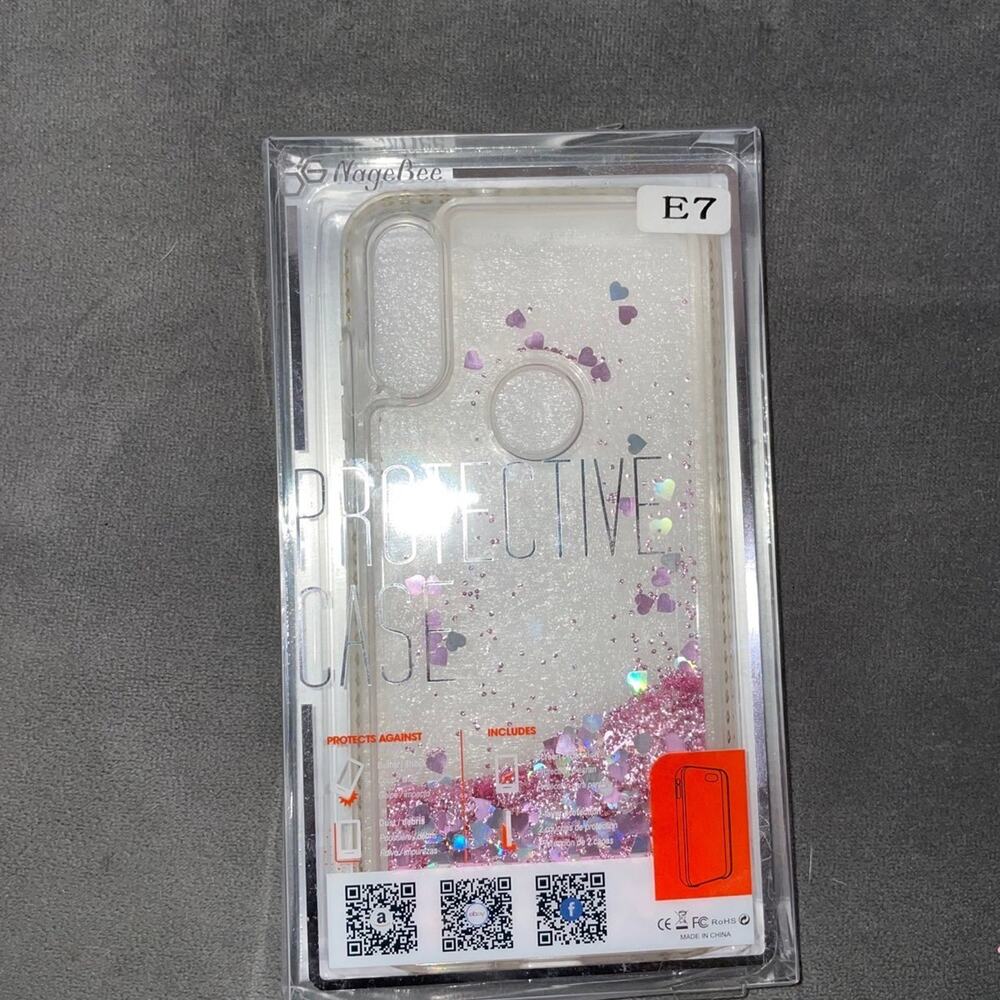 Moto E 2020 Phone Case E7 Pink Glitter Hearts Clear Liquid Phone Case